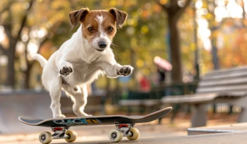 un parson russel terrier de 9 ans fait du skateboard : regardez comment il maîtrise la planche à roulettes