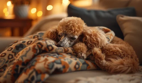 Découvrez le caniche camouflé sur cette photo : un maître de l'art de la sieste et de la discrétion