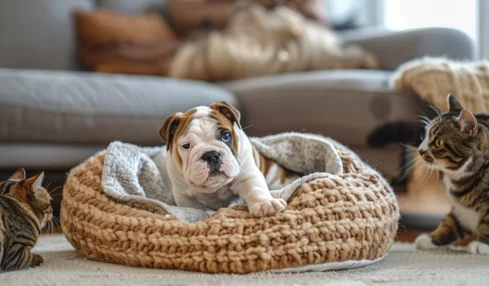 Un chiot bulldog mécontent de voir son panier occupé par une chatte et tente de récupérer son espace