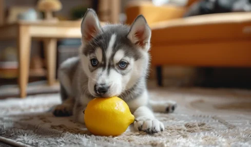 Un chiot husky rencontre un citron : des réactions adorables et amusantes face à cette découverte surprenante