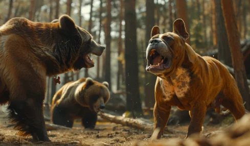 un bulldog défend son territoire contre deux ours et les fait fuir sans hésitation