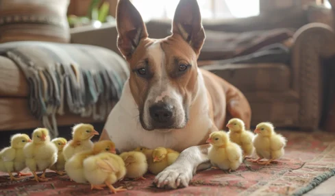 Une chienne bull terrier adopte des poussins : une belle démonstration d’instinct maternel et de tendresse